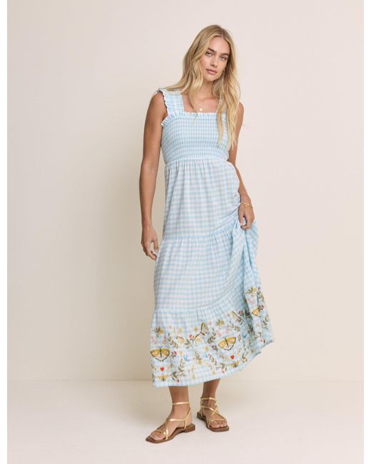Nobody's Child Blue Gingham Embroidered Stacey Midi Dress