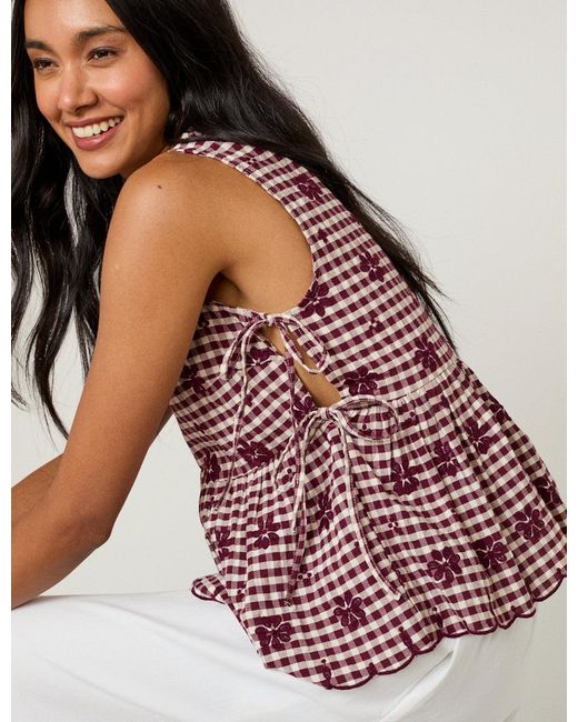 Nobody's Child Multicolor Burgundy Gingham Side Tie Swing Top