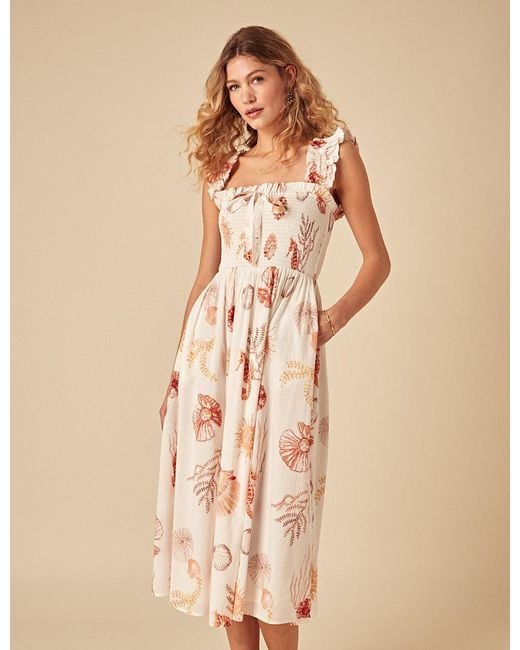 Nobody's Child Natural Elizabeth Scarlett Ruched Shell Print Christine Midi Dress