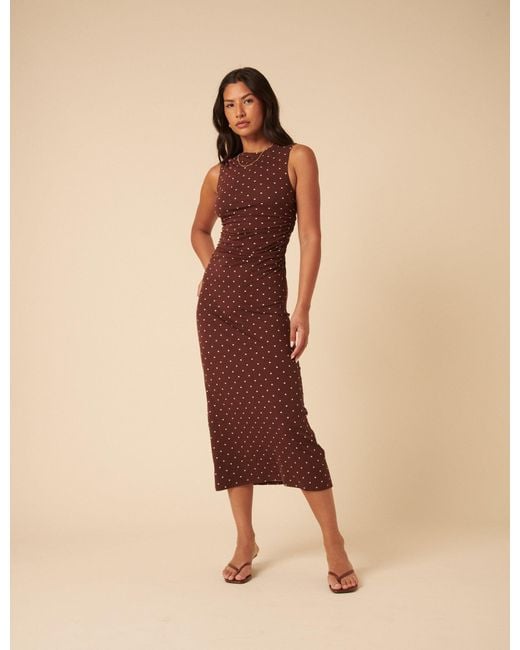 Nobody's Child Brown Polka Dot Jersey Draped Laurella Midi Dress