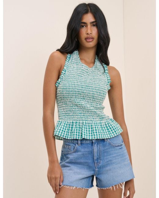 Nobody's Child Blue Gingham Shirred Halterneck Tizzy Top