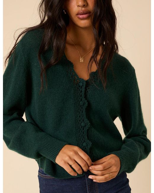 Nobody's Child Green Dark Crochet Trim V-Neck Cardigan