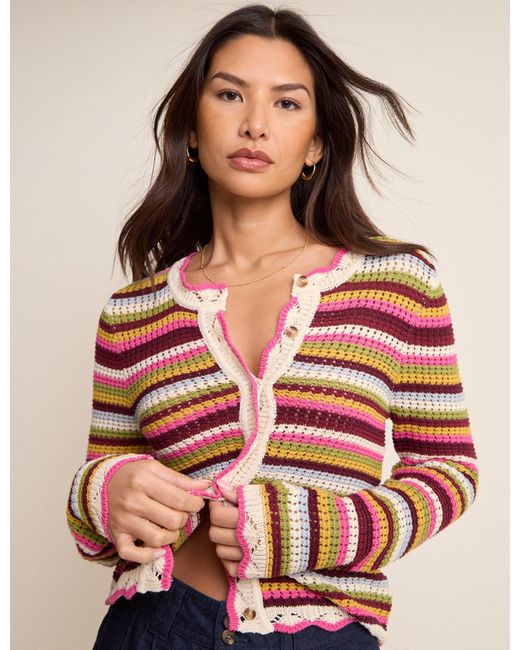 Nobody's Child Blue Multi-Coloured Striped Scallop Crochet Cardigan