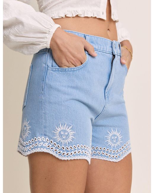 Nobody's Child Blue Light Wash Embroidered Scallop Denim Shorts
