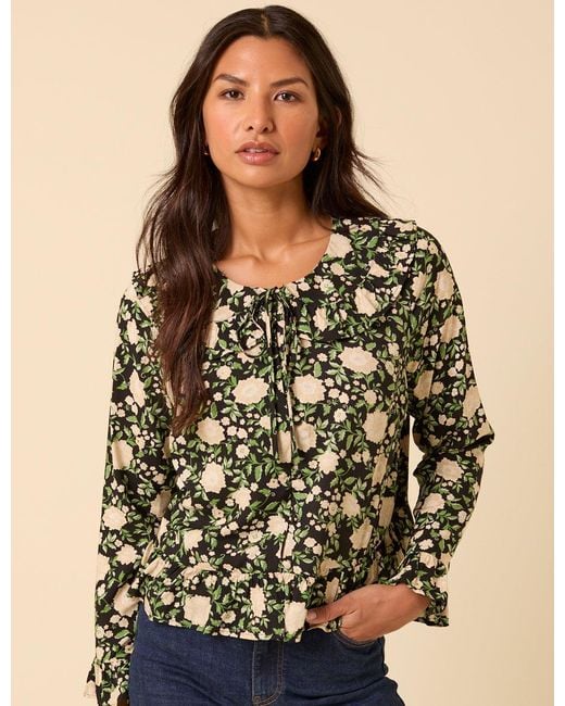 Nobody's Child Natural Floral Ruffle Collared Blouse