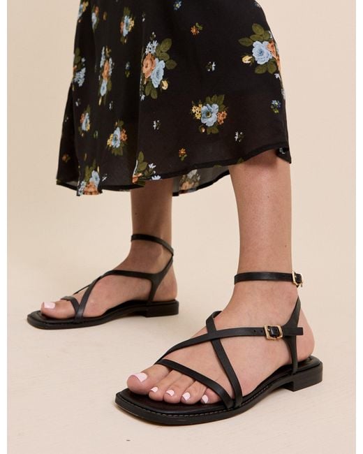 Nobody's Child Black Leather Square Toe Strappy Sandals
