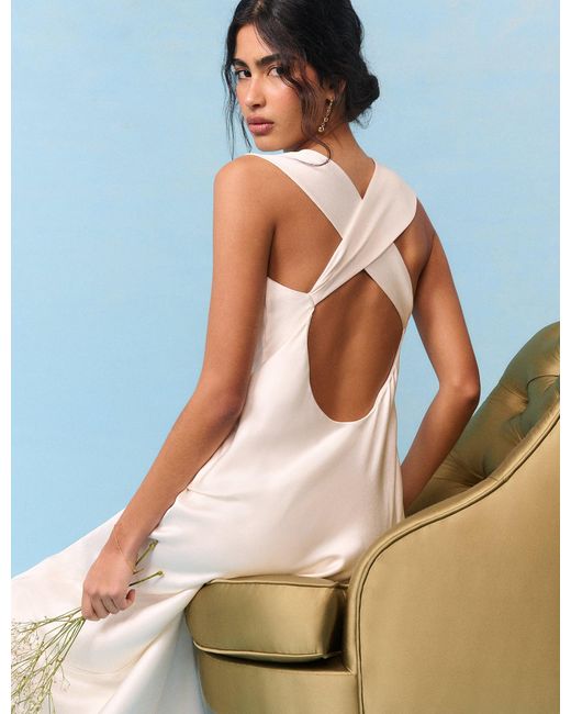 Nobody's Child Blue Bridal Pearl Satin Draped Slip Maxi Dress