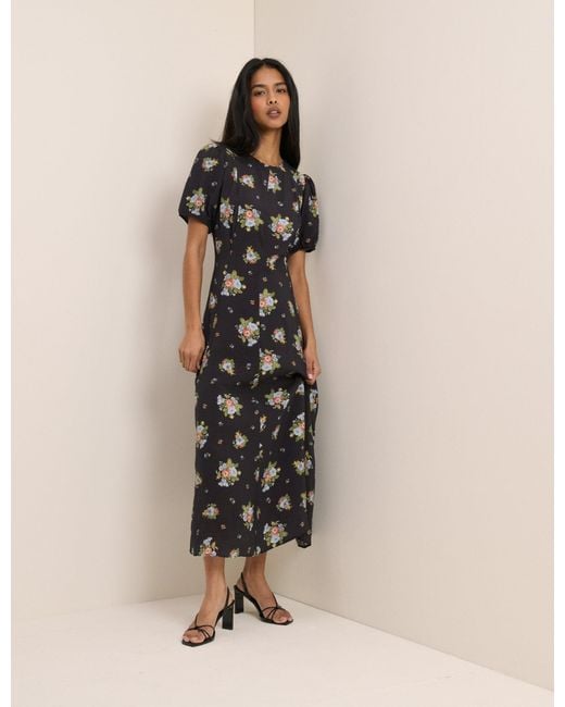 Nobody's Child Natural Floral Puff Sleeve Claudine Midi Dress
