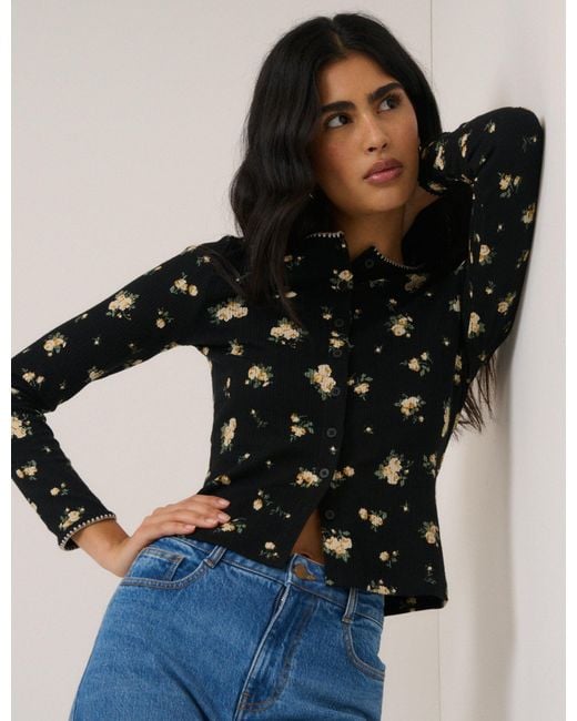 Nobody's Child Black Floral Whipstitch Pointelle Cardigan