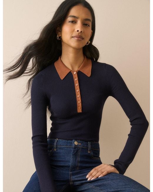 Nobody's Child Blue Ribbed Collared Polo Top