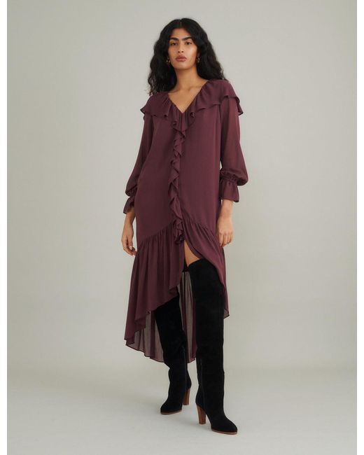 Nobody's Child Red Burgundy Chiffon Ruffle Trim Koko Midi Smock Dress