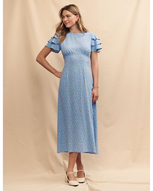Nobody's Child Blue Ditsy Floral Frill Sleeve Fatima Midi Dress