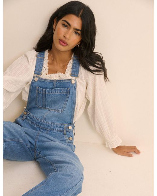 Nobody's Child Blue Mid Wash Denim Barrel Leg Dungarees