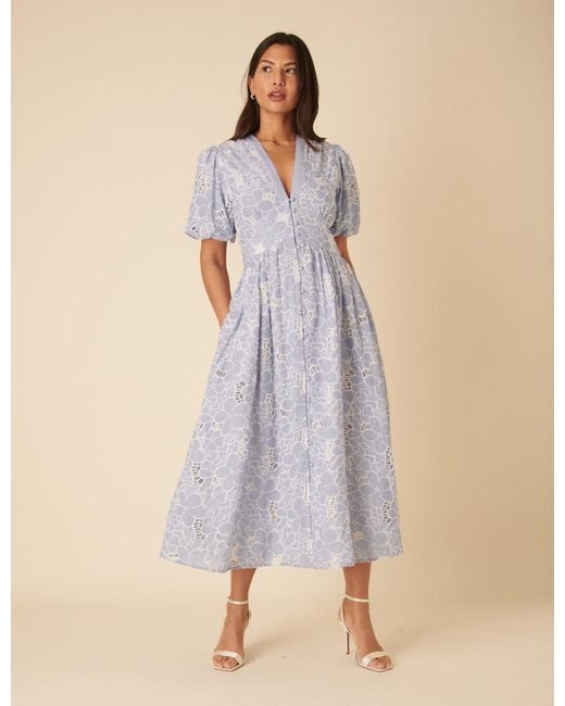 blue stripe floral embroidered starlight midi dress Floral Embroidery Stripe Midi Dress (Women)