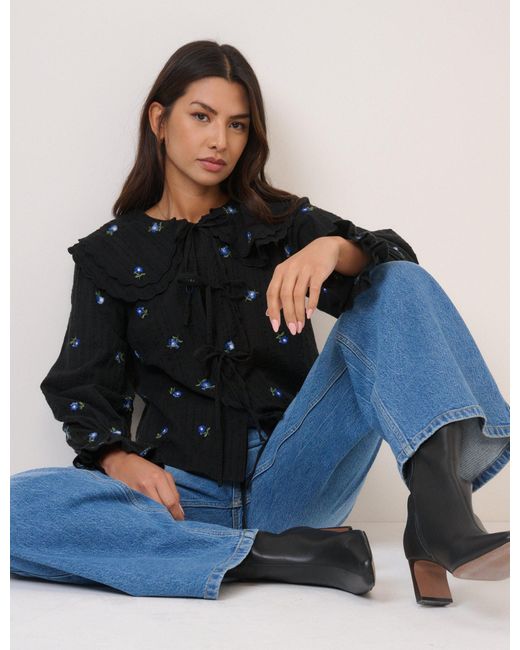 Nobody's Child Blue Floral Embroidered Tie Front Top
