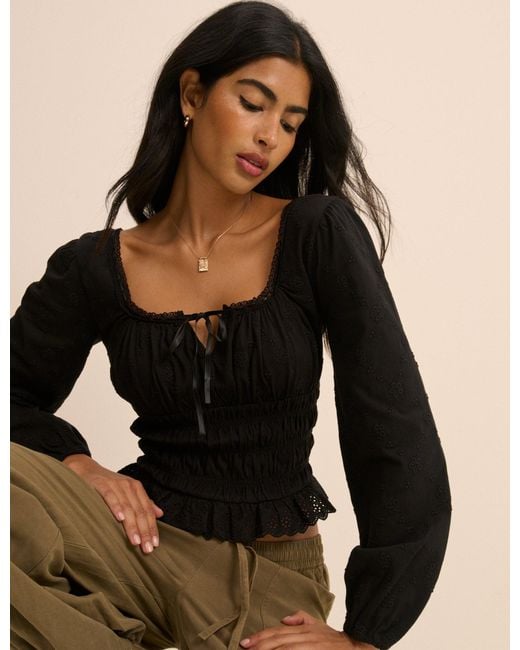 Nobody's Child Black Embroidered Long Sleeve Shirred Bodice Top