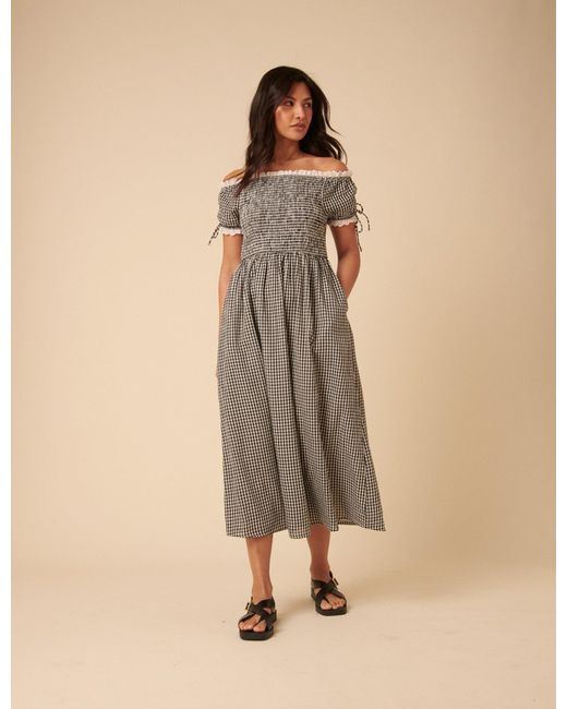 Nobody's Child Natural Gingham Bardot Adrianna Midi Dress
