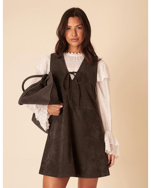 Nobody's Child Brown Dark Suede Mini Pinafore Dress