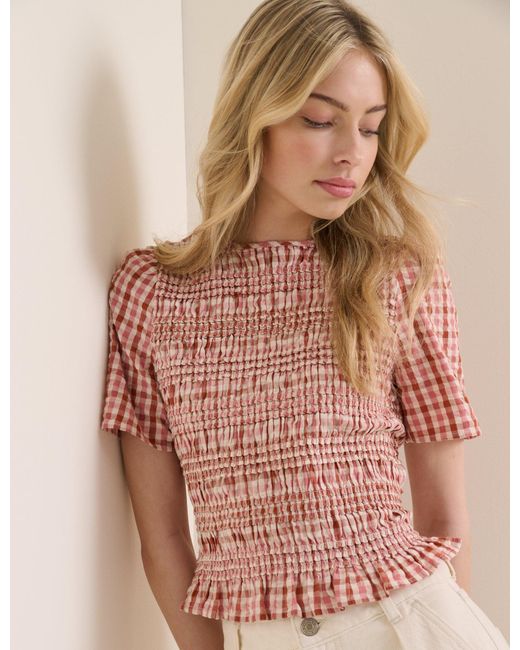Nobody's Child Pink And Gingham Shirred Top
