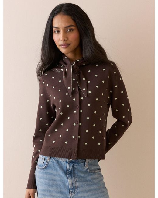 Nobody's Child Brown Polka Dot Jacquard Cardigan With Neck Tie