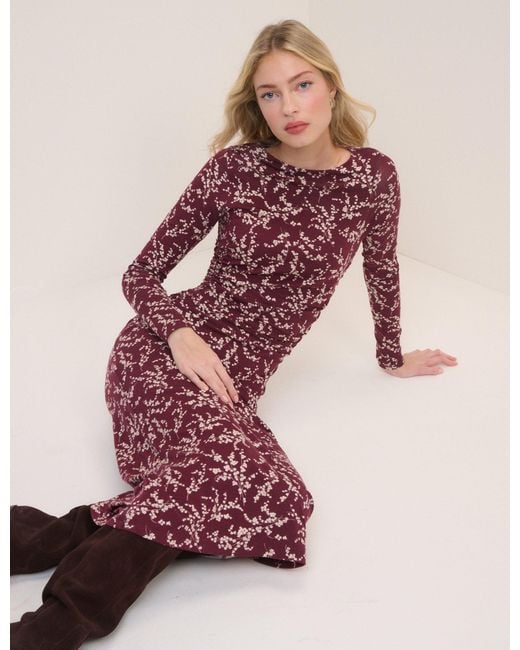 Nobody's Child Pink Burgundy Floral Long Sleeve Laurella Jersey Midi Dress