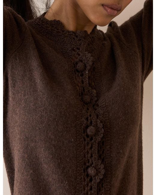 Nobody's Child Brown Wool-Blend Crochet Trim Short Sleeve Cardigan
