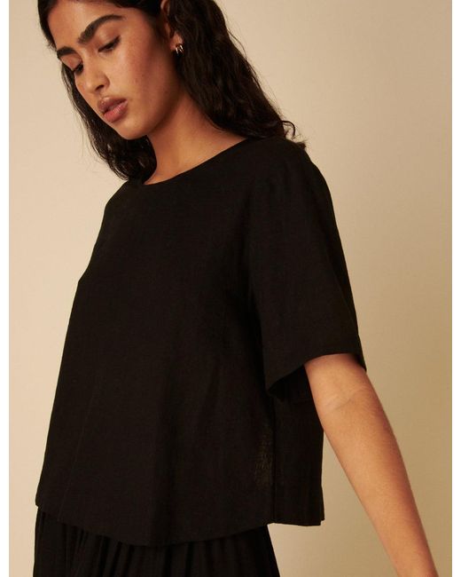 Nobody's Child Black Linen-Blend Short Sleeve Top