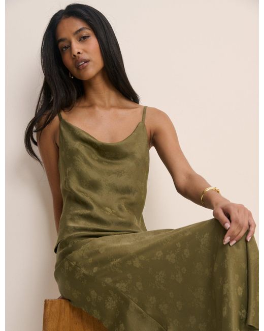Nobody's Child Green Jacquard Floral Cowl Neck Satin Top