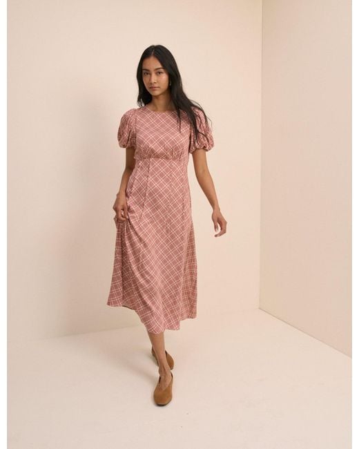 Nobody's Child Natural Check Puff Sleeve Quinn Midi Dress