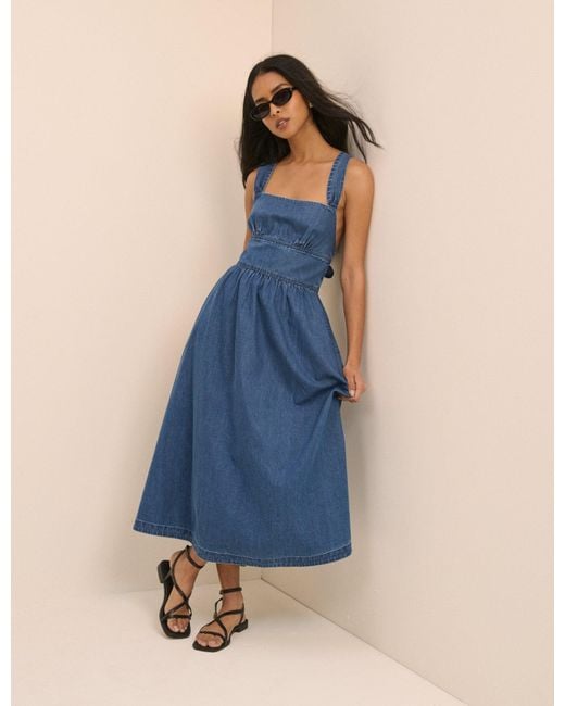 Nobody's Child Blue Mid Wash Denim Tie-Back Pedro Midi Dress