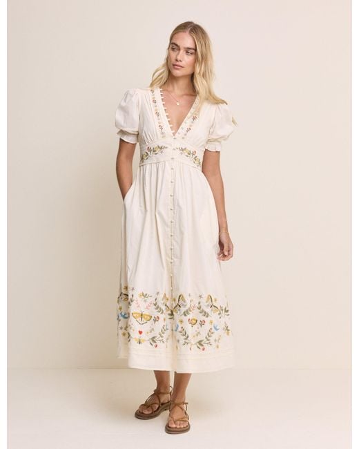 Nobody's Child Natural Embroidered Puff Sleeve Saffy Midi Dress