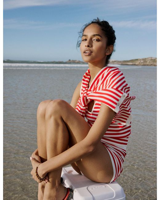 Nobody's Child Red Striped Waisted Crew Neck Cardigan