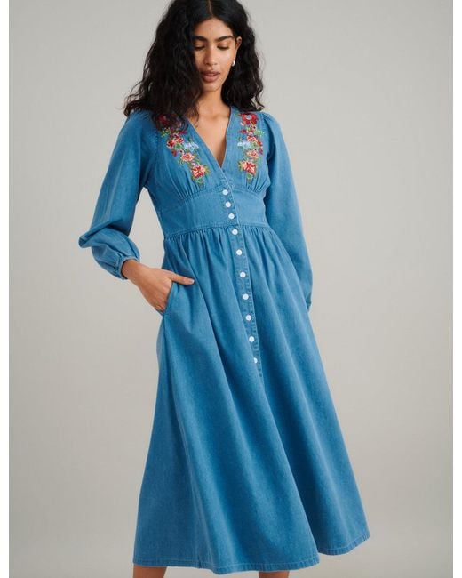 blue stripe floral embroidered starlight midi dress Rent Nobody's Child Blue Stripe Floral Embroidered Starlight Midi Dress