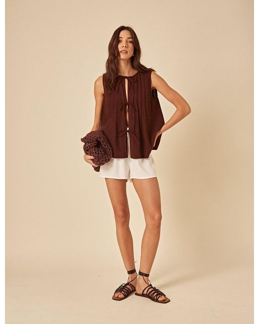 Nobody's Child Brown Linen-Blend Tie Front Top