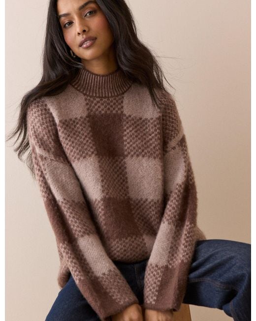 Nobody's Child Brown Check Brushed Funnel Neck Jumper