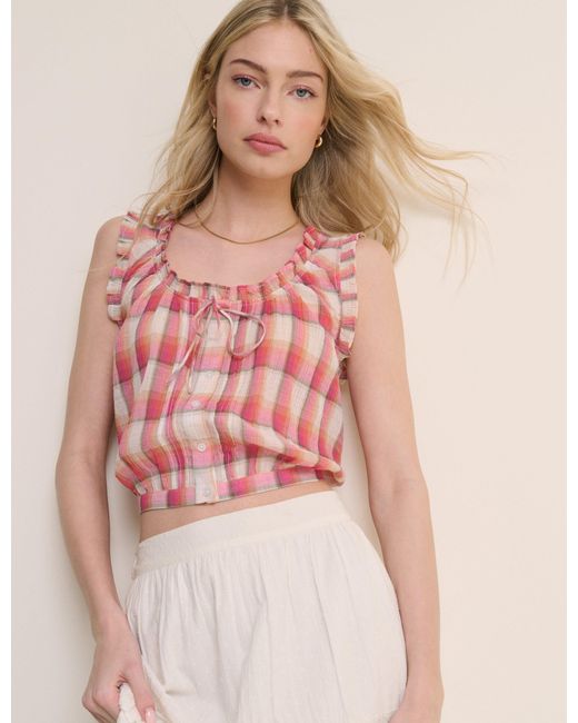 Nobody's Child Pink Check Ruffle Trim Scoop Neck Blouse