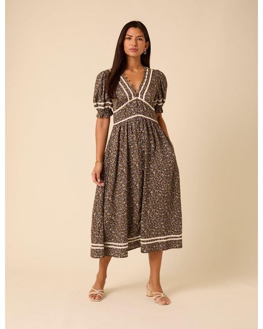 Nobody's Child Natural Ditsy Floral Puff Sleeve Saffy Midi Dress