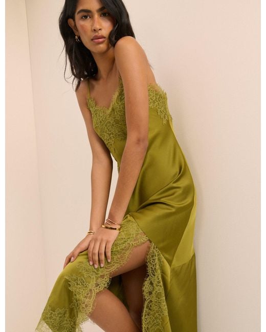 Nobody's Child Green Lace Trim Satin Slip Dress