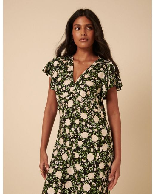 Nobody's Child Natural Floral Frill Sleeve Martha Midi Dress