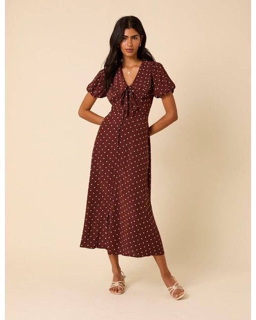 Nobody's Child Natural Polka Dot Puff Sleeve Ottillie Midi Dress