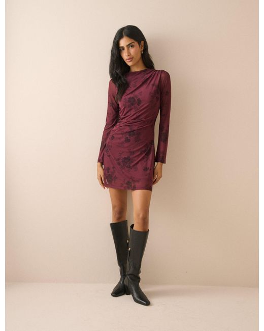 Nobody's Child Purple Burgundy Floral Long Sleeve Ruched Kiera Mini Dress