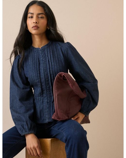 Nobody's Child Blue Dark Wash Pintuck Denim Blouse