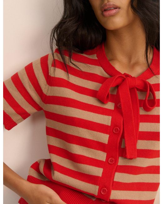 Nobody's Child Red Strip Short Sleeve Tie Neck Cardigan