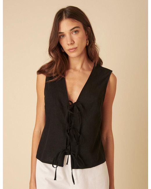 Nobody's Child Black Linen-Blend Tie Front Tessa Top