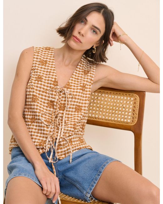 Nobody's Child Natural Gingham Floral Tie Front Tessa Top