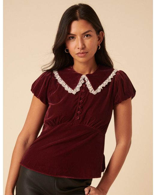 Nobody's Child Red Burgundy Velvet Lace Trim Collar Top