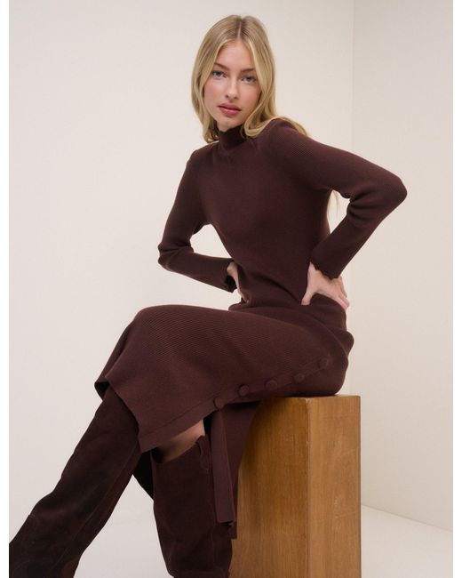 Nobody's Child Brown Side Button Ribbed Midi Dress