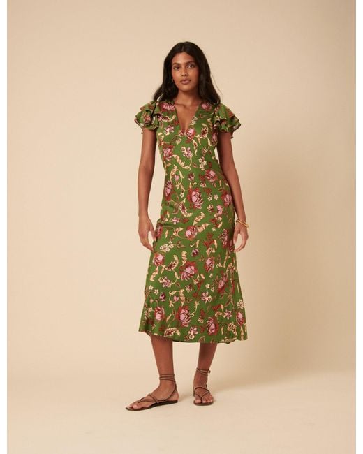 Nobody's Child Natural Floral Frill Sleeve Layla Midi Dress
