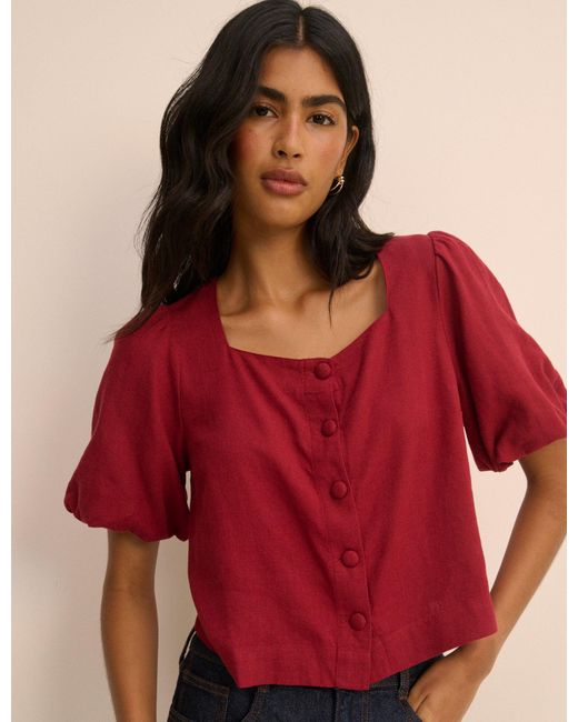 Nobody's Child Red Linen-Blend Puff Sleeve Sammie Top