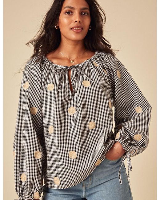 Nobody's Child Brown Gingham Shell Embroidered Poet Blouse
